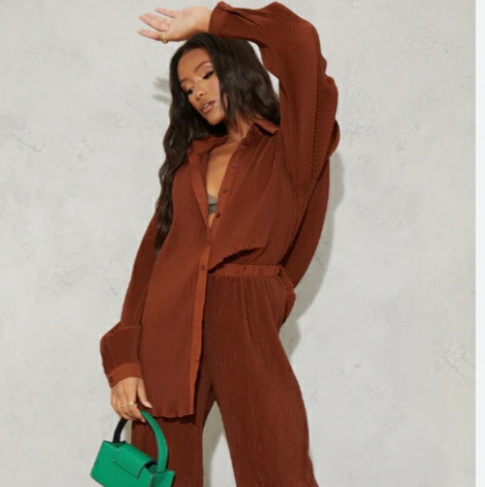 Chocolate Brown plisse High waisted wide leg pants